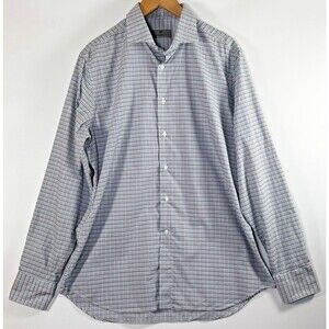 Canali 1934 Mens Dress Shirt 16.5 42 Blue Check Plaid Italy Cotton Button Front